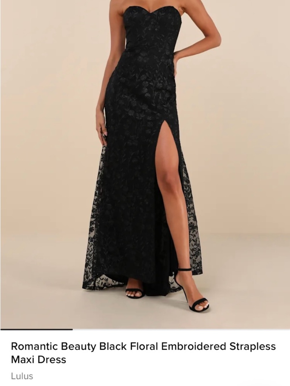 Lulu's “Romantic Beauty” Black Strapless Floral Embroidered Dress with High Slit